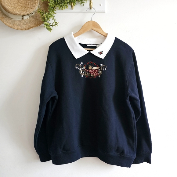 Hasting & Smith Sweaters - 90s Hastings & Smith Embroidered Christmas Sweatshirt XL Angel Holly Collar Navy